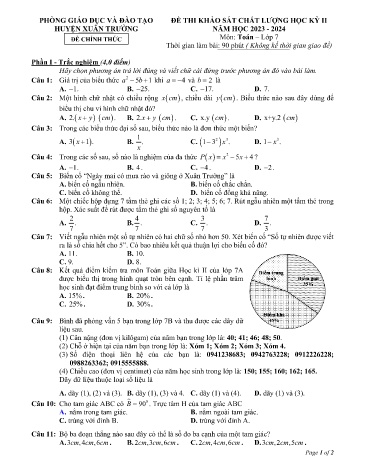 Đề thi khảo sát chất lượng học kì 2 Toán Lớp 7 Sách Kết nối tri thức - Năm học 2023-2024 - Trường THCS Xuân Thượng
