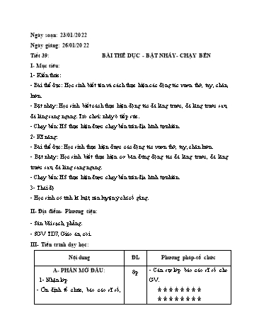 Kế hoạch bài dạy Giáo dục thể chất Lớp 7 Sách Kết nối tri thức - Tiết 31: Bài thể dục. Bật nhảy. Chạy bền - Năm học 2021-2022 - Lê Thị Lan