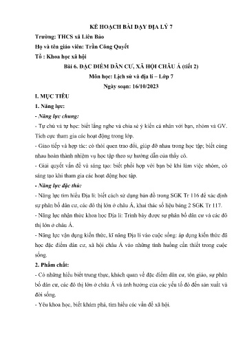 Kế hoạch bài dạy Lịch sử và Địa lí Lớp 7 Sách Kết nối tri thức - Bài 6: Đặc điểm dân cư, xã hội châu Á (tiết 2) - Trường THCS Liên Bảo