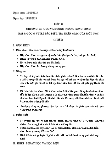 Kế hoạch bài dạy Toán Lớp 7 Sách Kết nối tri thức - Chương 3: Góc và đường thẳng song song - Bài 8: Góc ở vị trí đặc biệt. Tia phân giác của một góc (2 tiết) - Trường THCS Xuân Hòa