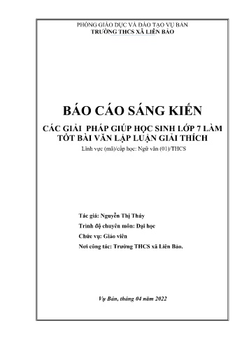 Sáng kiến kinh nghiệm Các giải pháp giúp học sinh Lớp 7 làm tốt bài văn lập luận giải thích