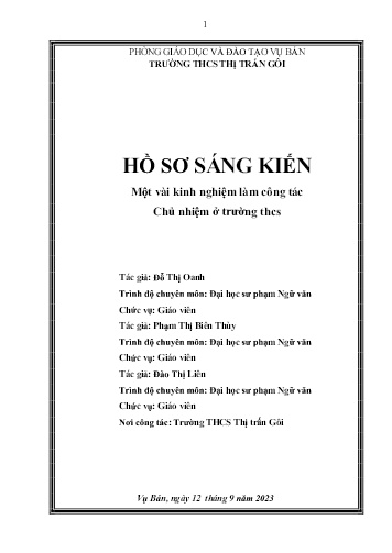 Sáng kiến kinh nghiệm Công tác Chủ nhiệm ở trường THCS