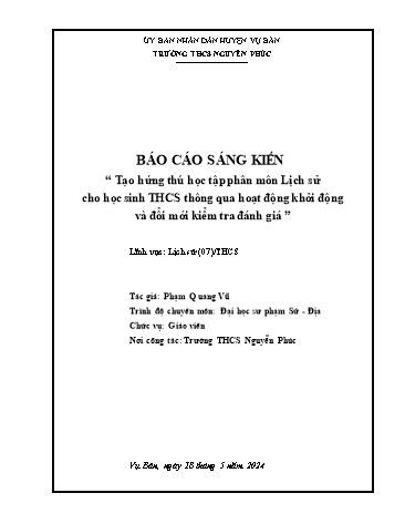 SKKN Tạo hứng thú học tập phân môn Lịch sử cho học sinh THCS thông qua hoạt động khởi động và đổi mới kiểm tra đánh giá